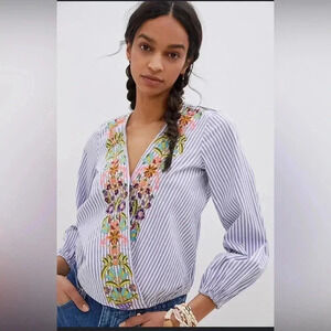 Anthropologie Blue & White Striped Embroidered V-Neck Blouse